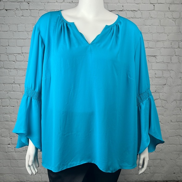 INC International Concepts Tops - INC Teal Bell Sleeve V-Neck Blouse Plus Size 4X
